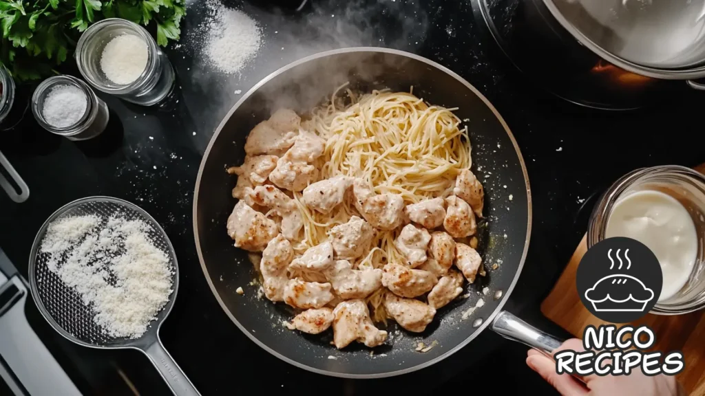 garlic parmesan chicken pasta cooking