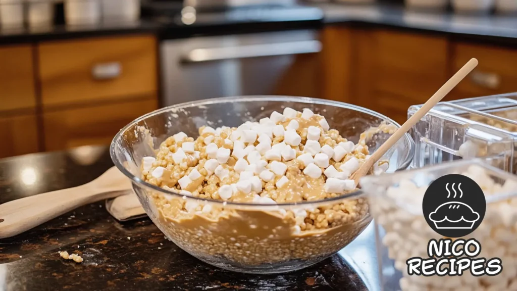 peanut butter rice crispy treats cooking