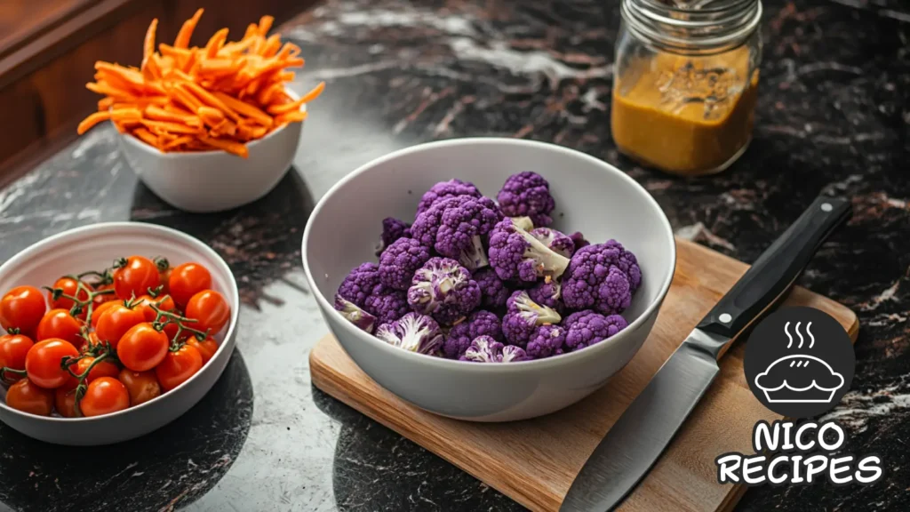 purple cauliflower salad cooking